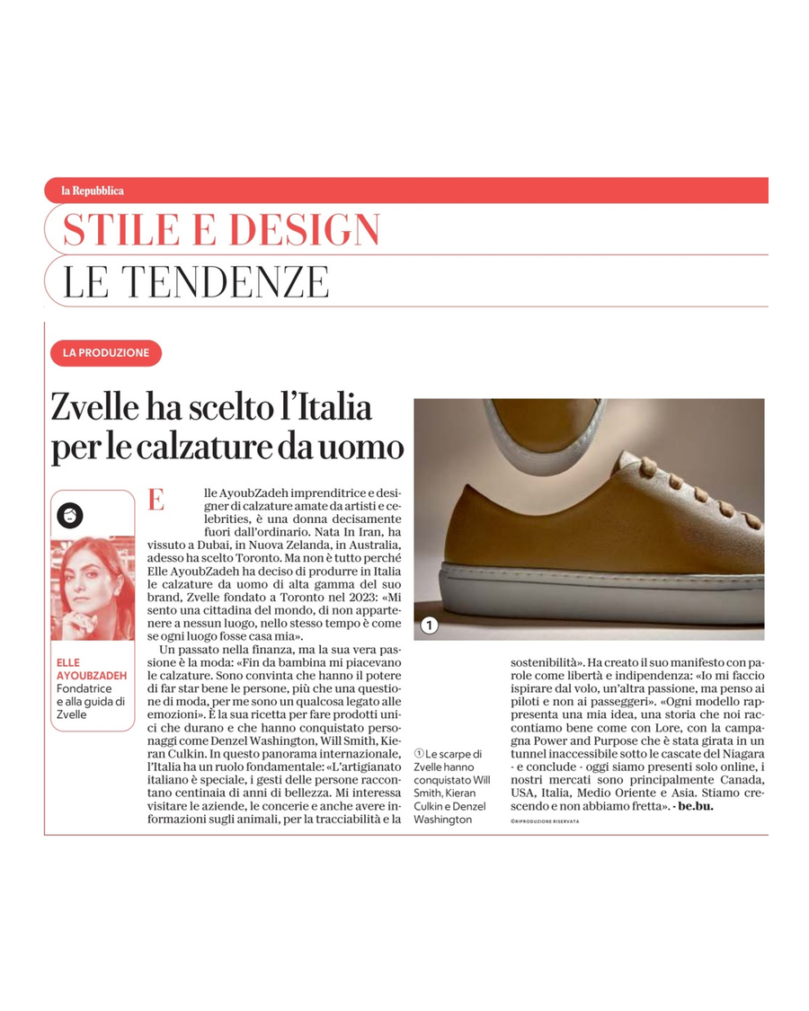 Zvelle ha scelto l’Italia per le calzature da uomo. la Repubblica, Stile e Design, December 2025.